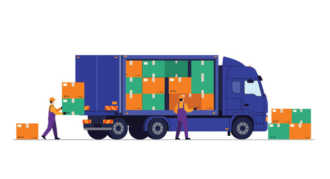 Delivery truck unloading boxes, vector illustration, logistics and shipping concept