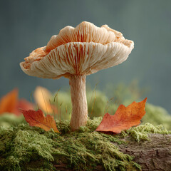 Mushroom growing on a mossy log amidst autumn leaves in a serene forest environment