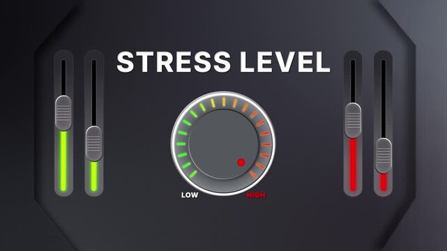 Animation of Stress level on a circular gauge moving from low to high and back. Can be used to show increase or decrease. Perfect for health, fitness, or data content.