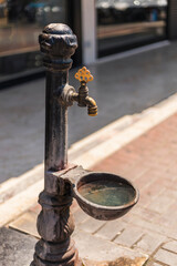 A vintage drinking fountain stands on a city sidewalk, showcasing a classic design. Water flows from its ornate faucet into a circular basin, under the bright sun