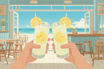 two hands holding glasses with lemonade and making clinking sounds, set against the backdrop of an open beach bar interior with a sea view Generative AI