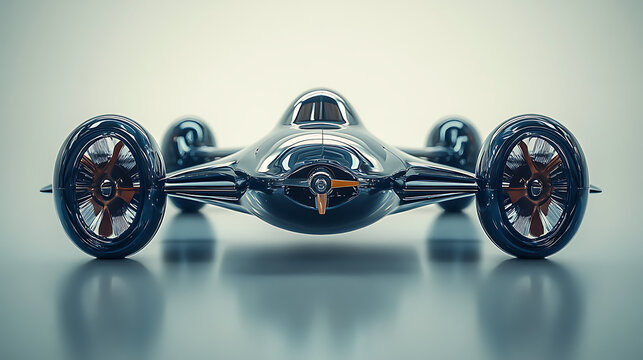 Close-up visual of a hand-cranked propeller on a simple floating car, symbolizing basic engineering and human effort to adapt and survive in a watery world, against a pure white background. 