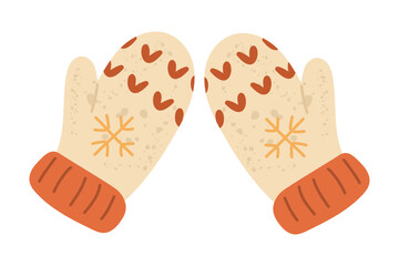 
Winter mittens with snowflake and heart pattern — cozy seasonal illustration perfect for Christmas designs, holiday greeting cards, festive decorations, winter apparel prints, children’s clipart.