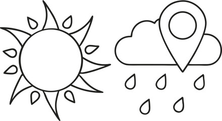 Weather icons set with sun and rain cloud featuring location pin and drops, minimal line art design perfect for forecast apps, climate graphics, meteorology projects, and seasonal illustrations.