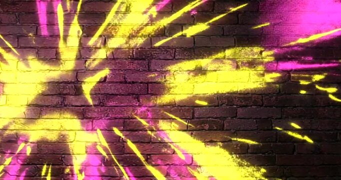 Vibrant graffiti explosion on brick wall backdrop