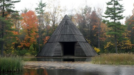 Autumnal Pyramid Structure on Calm Lake, Wooden Pavilion in Fall Foliage