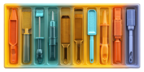Colorful tools neatly arranged in a plastic tray