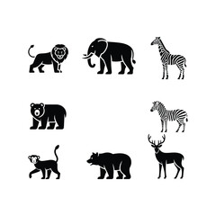 Collection of stylized animal silhouettes including lion elephant zebra bear and deer