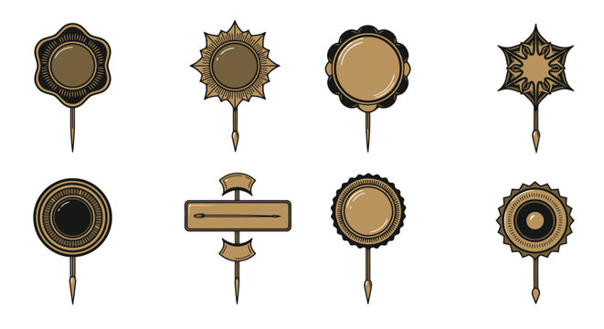 Collection of decorative lapel pins with intricate designs on a white background