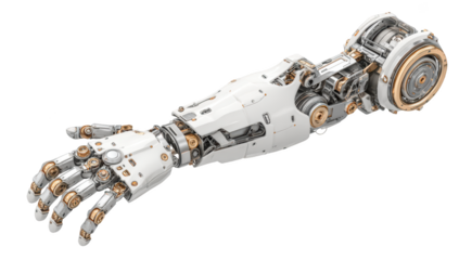 Futuristic, detailed bionic arm; white and gold mechanics