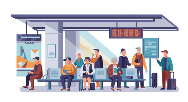 Stylized Flat Vector Illustration of a Bustling Train Station Waiting Area