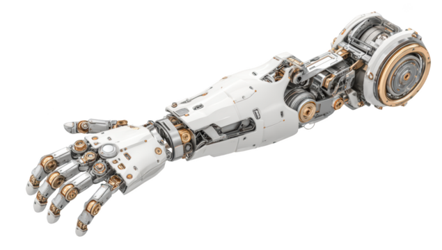 Futuristic, detailed bionic arm; white and gold mechanics