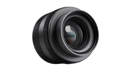 Sleek, modern camera lens. Cylindrical body with ridges, a glossy front element, and dark tones