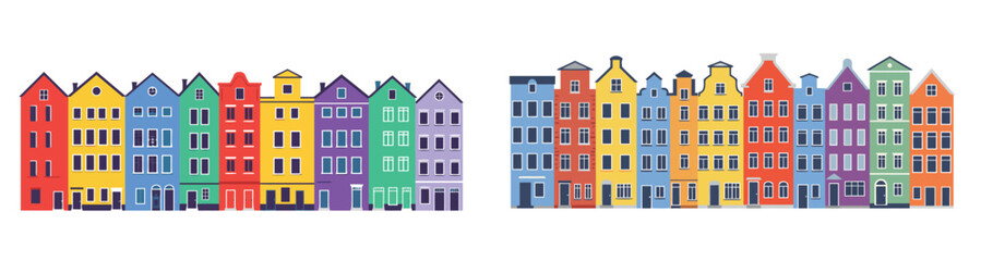 Fototapeta premium Colorful european houses, vibrant vector townhouses in a row, real estate background