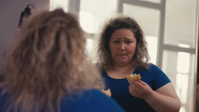 Plus size woman biting sweet cake in front of mirror, struggling with disorder