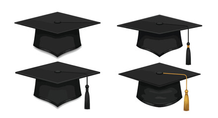 Set of four black graduation caps representing academic achievement and success