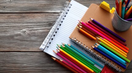 Colored Pencils and Notebooks on Wooden Desk