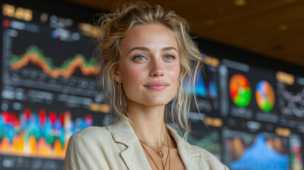 Confident female trainer in a cream blazer presenting revenue data in front of a modern LED wall, cinematic focus, ultra-realistic detail