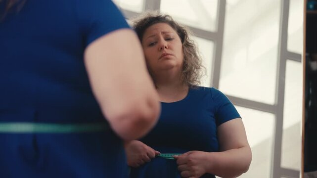 Overweight woman measuring waist near mirror, upset with visible weight gain