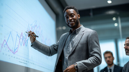 Young Black man in a grey suit presenting quarterly sales growth data to colleagues, pointing at a digital graph on a projector screen, modern office setting