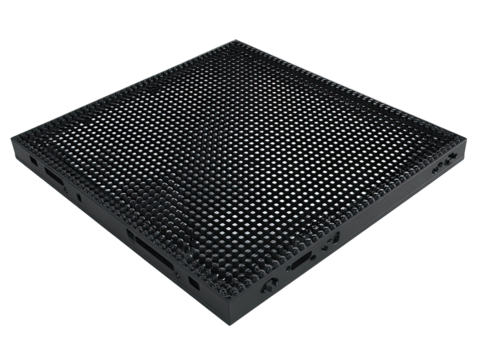 Square, dark gray panel with a grid of small, recessed circles
