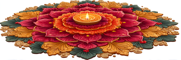 Traditional rangoli artwork with warm tones of red, range, and yellow arrangedin a circular flower desig isolated on a white backgound, png