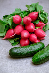 Radish and cucumbers on a gray background. fresh vegetables