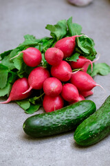 Radish and cucumbers on a gray background. fresh vegetables