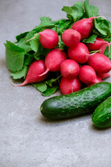 Radish and cucumbers on a gray background. fresh vegetables