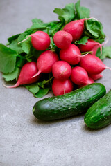 Radish and cucumbers on a gray background. fresh vegetables