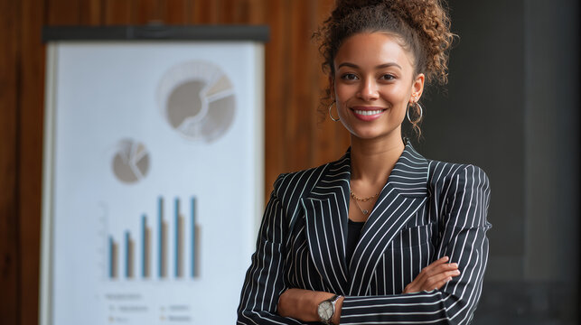 Elegant African-American woman in pinstripe suit leading a business presentation with pie and bar graphs, confident smile