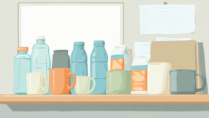 Shelf full of reusable water bottles jars coffee mugs and carton packs in soft colors minimal vector style illustration
