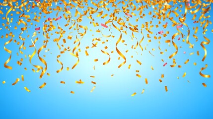Golden Confetti and Ribbons Falling on Blue Background Festive Celebration Design
