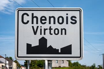 Fototapeta premium Road sign of the village of Chenois Virton, Belgium