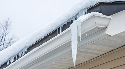 Winter House Roof Icicles Snow Gutter Closeup