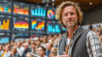 Business coach in a white shirt and grey vest explaining data with colorful diagrams on a digital screen, seminar audience faintly blurred, cinematic atmosphere