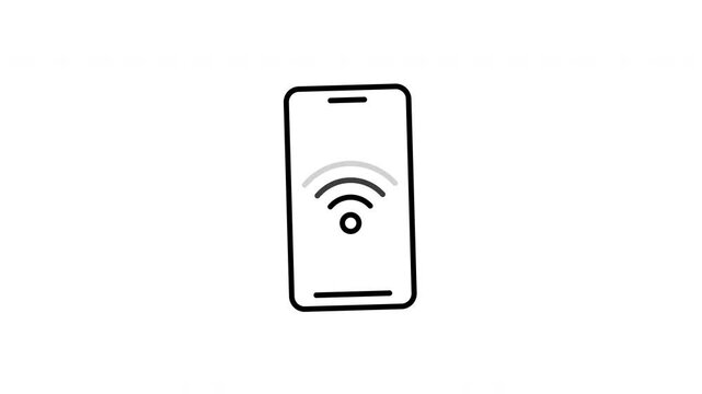 Minimalist animation of a smartphone with wireless signal in outline icon style. Looped motion, black lines, white background, alfa channel, overlay, communication concept.