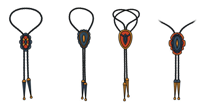 Set of stylish bolo ties vector art with western fashion elements on white background