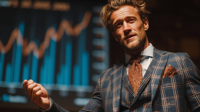 Middle-aged businessman in a checkered suit presenting revenue forecast charts on a widescreen display, cinematic lighting, ultra-realistic focus on presenter