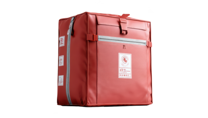 Insulated red delivery bag with clasps, zipper, and reflective strip