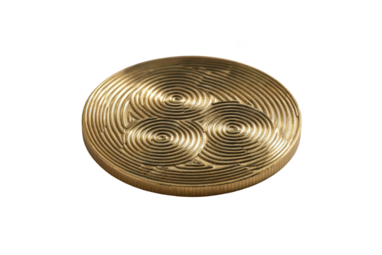 Gold coin with three overlapping spiral designs, isolated on black