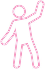 Male pictogram waving with both hands, designed with neon outline.