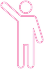 Male pictogram waving with arm raised, illustrated in neon outline.
