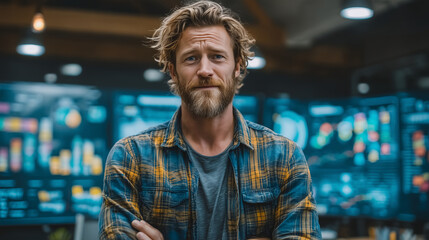 Fototapeta premium Professional man with rolled-up sleeves presenting startup pitch deck charts on a smartboard, cinematic open workspace, ultra-realistic detail