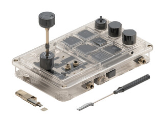 Transparent electronic device with control knobs and tools