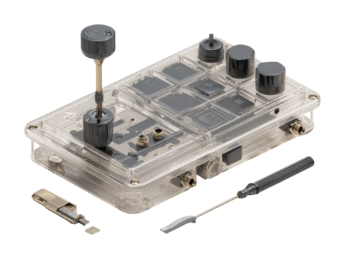 Transparent electronic device with control knobs and tools