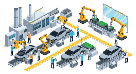 Isometric 3D view illustration of modern car assembly line with robotic arms, electric vehicle battery installation, and engineers supervising production, innovation in automotive manufacturing