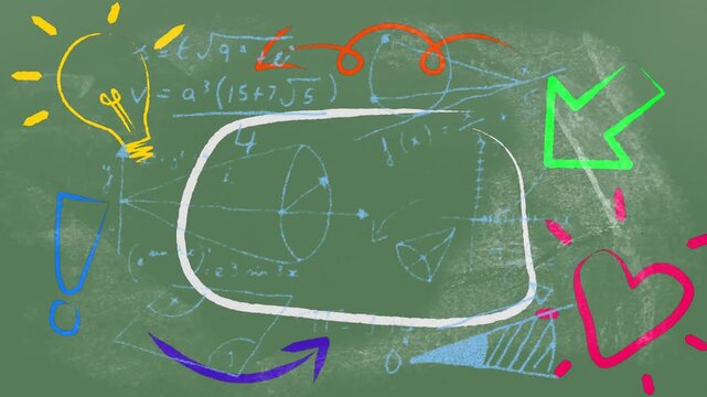 White chalk drawing frame doodles animating math drawing erasing leaving icons on green chalkboard
