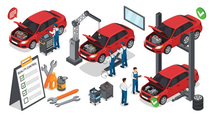 Isometric 3d illustration of car maintenance process with mechanics repairing vehicles, engine inspection, quality control checklist, and auto service tools for automotive repair and workshop concepts