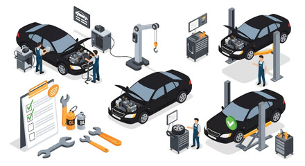 Isometric 3d illustration of car maintenance process with mechanics repairing vehicles, engine inspection, quality control checklist, and auto service tools for automotive repair and workshop concepts